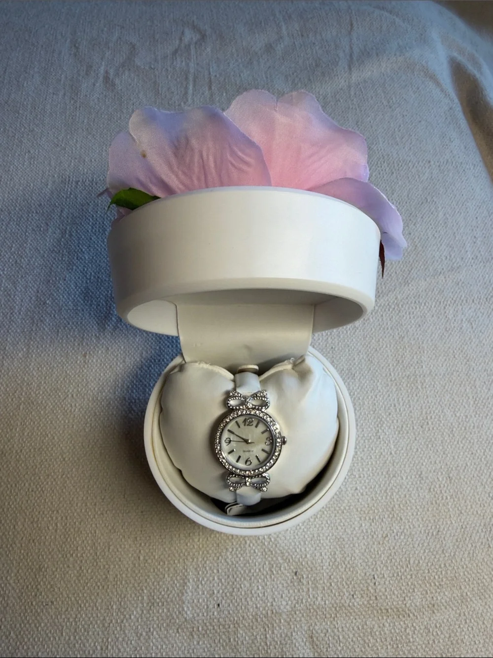 Silver Watch With Crystal Accent In Round in White Flower Pot Case NWT